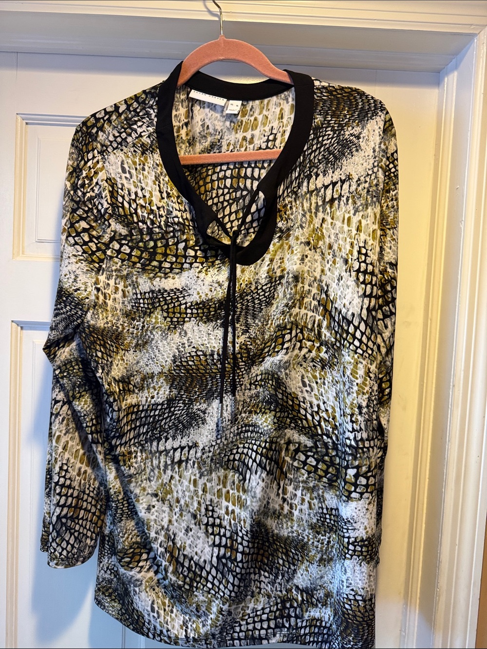Susan Graver Black-Trim Animal Print Blouse with Gold and Gray Pattern